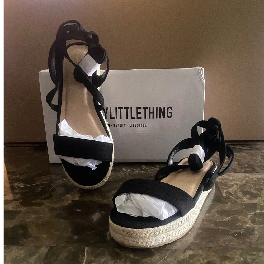 PrettyLittleThing Black Lace Up Espadrille‎ Flatform Sandals Size  4/37 New